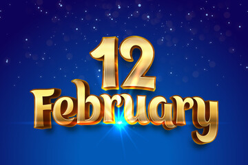 12 February magical golden 3d text isolated on blue shiny background. Night, magic lens flare, lighting effect.