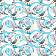 Sky bird seagull in a wildlife. Black and white engraved ink art. Seamless background pattern.
