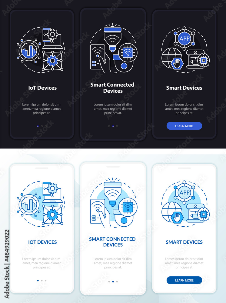 Poster smart tech products night and day mode onboarding mobile app screen. walkthrough 3 steps graphic ins