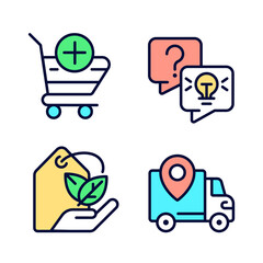 Online shopping services pixel perfect RGB color icons set. Delivery regions. Ecofriendly product. Isolated vector illustrations. Simple filled line drawings collection. Editable stroke