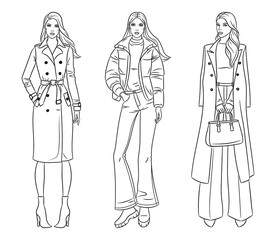 Female clothes collection. Fashion models in stylish coats and jackets. Vector line illustration of beautiful young women, isolated on white background.