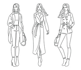Female clothes collection. Fashion models in stylish coats and jackets. Vector line illustration of beautiful young women, isolated on white background.