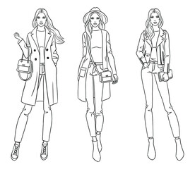 Female clothes collection. Fashion models in stylish coats and jackets. Vector line illustration of beautiful young women, isolated on white background.