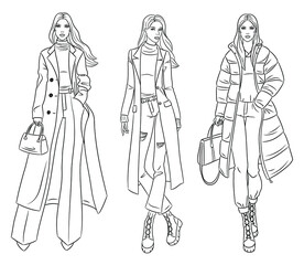 Female clothes collection. Fashion models in stylish coats and jackets. Vector line illustration of beautiful young women, isolated on white background.