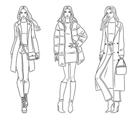 Female clothes collection. Fashion models in stylish coats and jackets. Vector line illustration of beautiful young women, isolated on white background.
