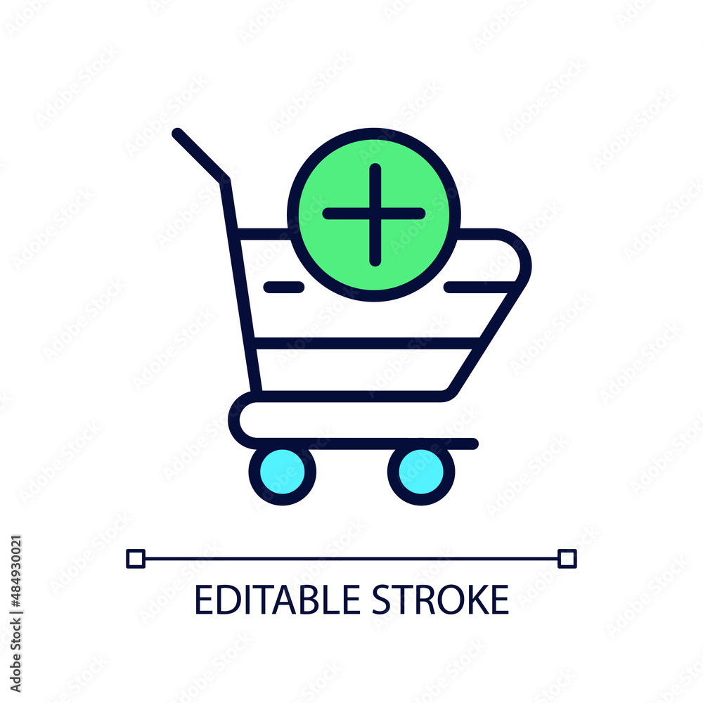 Poster shopping cart pixel perfect rgb color icon. selected items in basket. website interface. online shop
