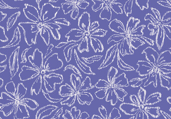 Scribbled very peri botanical florals seamless repeat pattern. Random placed, hand drawn vector flowers with leaves all over print background.