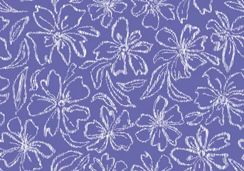 Fotobehang Pantone 2022 very peri Scribbled very peri botanical florals seamless repeat pattern. Random placed, hand drawn vector flowers with leaves all over print background.