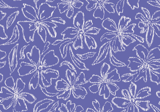 Scribbled very peri botanical florals seamless repeat pattern. Random placed, hand drawn vector flowers with leaves all over print background.