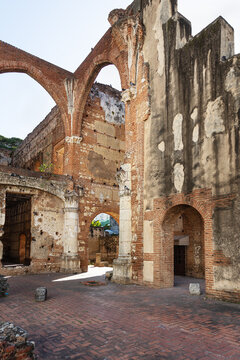 ancient ruins of the first American hospital, San Nicolás de Bari in Santo Domingo, early 16th century. Arches, columns and walls of red brick and cobblestone


