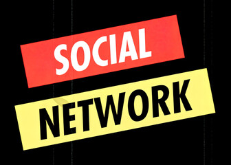 The text Social Network written inside angled lines, 1970s progressive poster film style, faded colors, dust and scratches. Colors: white, red and yellow.
