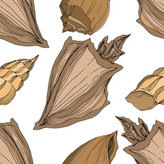Vector Summer beach seashell tropical elements. Brown beige Engraved ink art. Seamless background pattern.