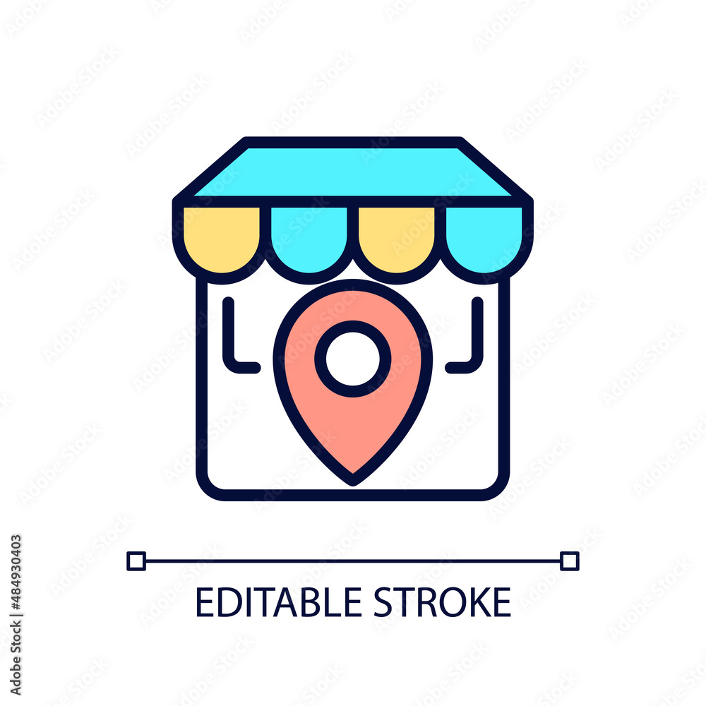 Poster store location pixel perfect rgb color icon. physical shop position. website information. market add