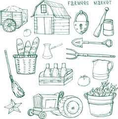Print  illustration of household items farm,products,tools,tractor,barn,wagon with hay,for decor or design