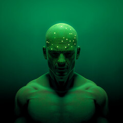 Artificial intelligence concept - 3D illustration of dark green male figure with computer circuit board covering head