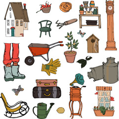 Print vector illustration handmade,things,objects,tools farm,home.floor clock,garden shelf,flask,gramophone,watering can,chair,gloves,wheelbarrow,wood,pitchfork,boots,home,for design