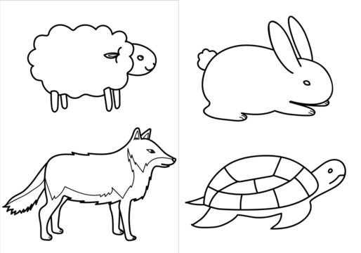 animals coloring book, animals line sketch, animals illustration vectors. rabbit, turtle, sheep, wolf.