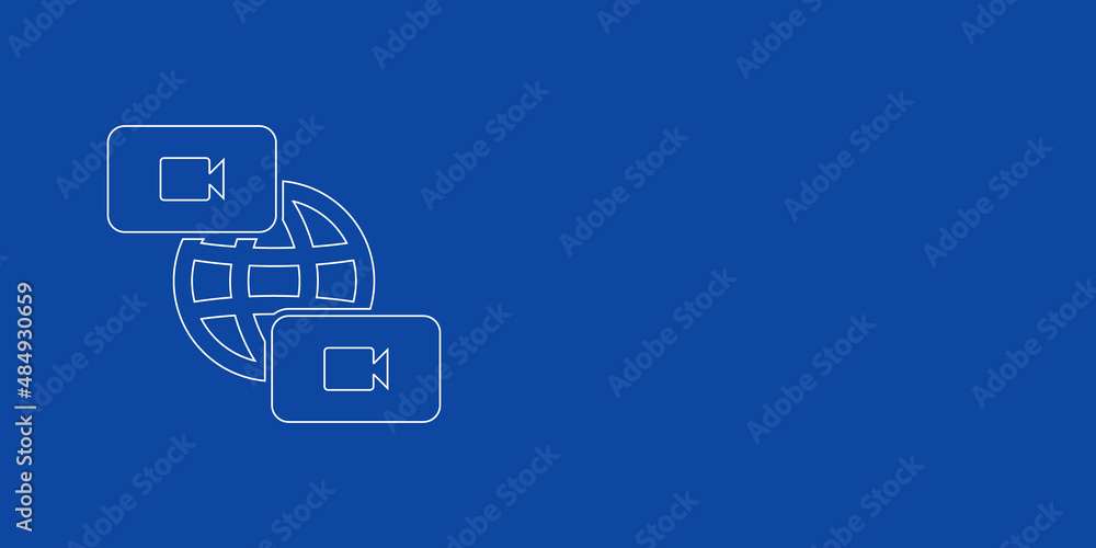 Poster a large white outline videoconference symbol on the left. designed as thin white lines. vector illus