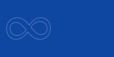 A large white outline infinity symbol on the left. Designed as thin white lines. Vector illustration on blue background