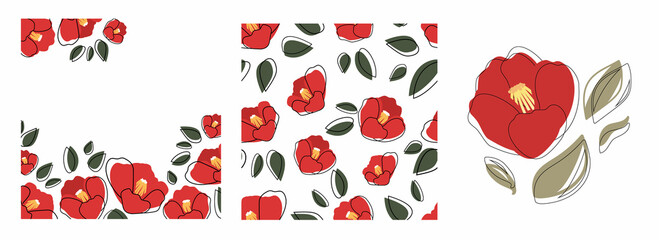 Set of elements for design. Seamless vector pattern of red Japanese camellia and petals on a white background. Hand-drawn flowers. Template for typography, wallpaper, print. Floral illustration.