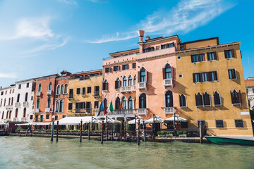 Fototapeta na wymiar Scenic view on ancient architecture buildings in most romantic city of world - Venezia, getaway travel time for feeling freedom and happiness in Italy - sightseeing around historic center