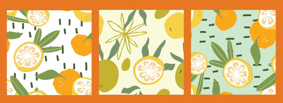 Set seamless pattern ripe yuzu fruit. Cartoon print of a yellow fruit on a white isolated background. Hand-drawn organic food products. Print, wallpaper. Citrus fruit from Asia.