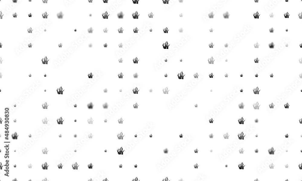 Poster seamless background pattern of evenly spaced black seaweed symbols of different sizes and opacity. v