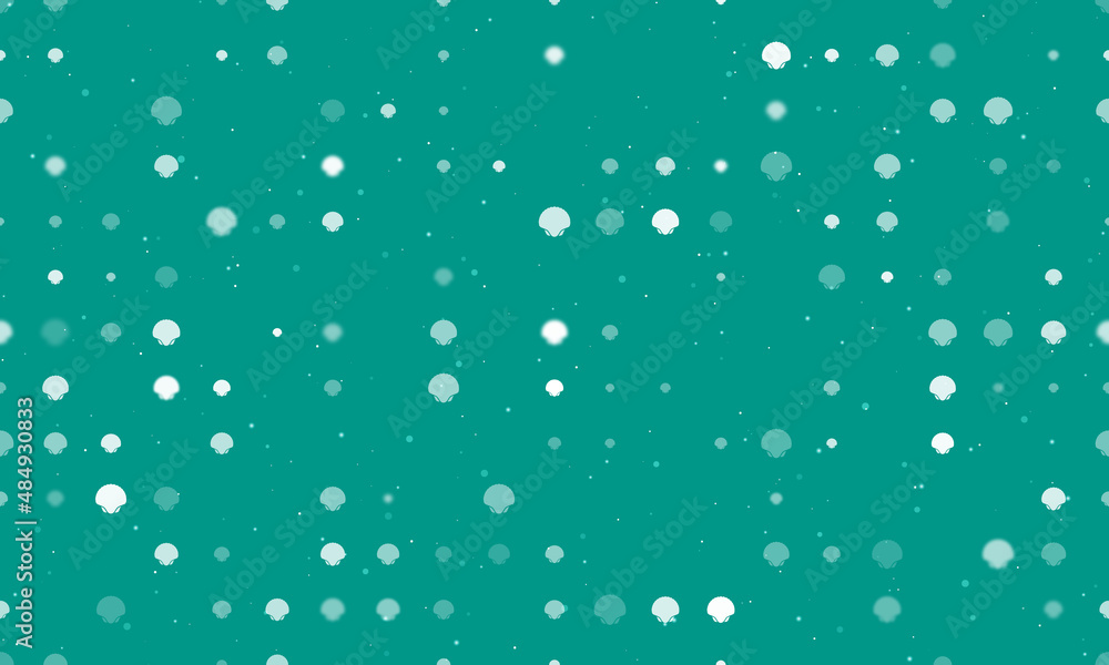 Poster seamless background pattern of evenly spaced white sea shell symbols of different sizes and opacity.