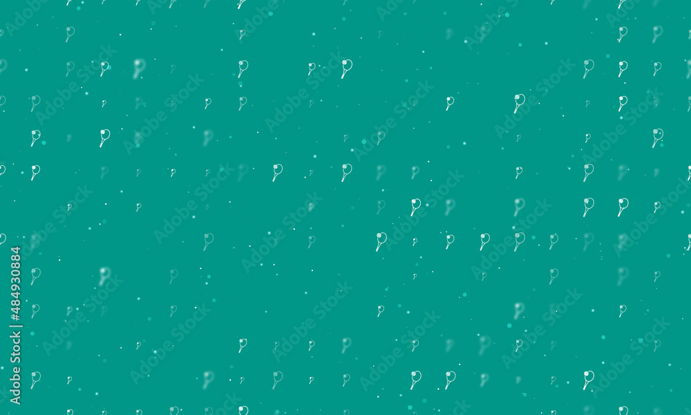 Poster Seamless background pattern of evenly spaced white tennis symbols of different sizes and opacity. Vector illustration on teal background with stars