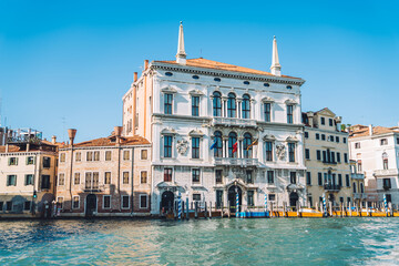 Fototapeta na wymiar Beautiful scenery landscape of most romantic European city - Venice located on Grand Canal of Adriatic sea, ancient Italian architecture buildings for visiting during international vacations