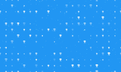 Seamless background pattern of evenly spaced white jellyfish symbols of different sizes and opacity. Vector illustration on blue background with stars