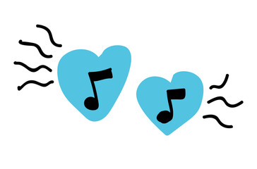 Doodle icon note symbol inside a blue heart. The concept of sounding favorite music. Music of love for Valentines Day. Hand drawn, linear, flat vector paper plane for web, banner, card, sticker.