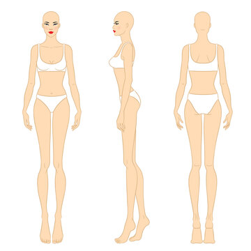 Female body, front, side, and back views. Female fashion figure template. Beautiful Asian woman wearing lingerie, isolated on white background. Fashion model in a bikini, vector illustration. 