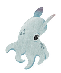 Cute kawaii watercolor blue Dumbo octopus. Children print sea animals. Deep sea creature. High quality illustration isolated on white.