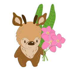 Cute cartoon baby deer with plumeria flowers
