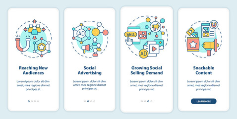 SMM marketing trends onboarding mobile app screen. Network walkthrough 4 steps graphic instructions pages with linear concepts. UI, UX, GUI template. Myriad Pro-Bold, Regular fonts used
