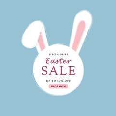 Special spring offer, banner template with text easter sale with bunny ears on blue background. Vector illustration.
