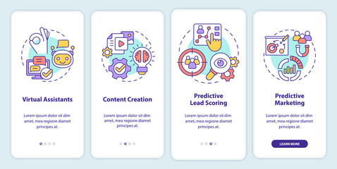 Usage of AI in marketing onboarding mobile app screen. Automation walkthrough 4 steps graphic instructions pages with linear concepts. UI, UX, GUI template. Myriad Pro-Bold, Regular fonts used
