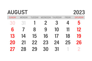 August 2023 calendar template. Layout for August 2023. Printable monthly planner. Desk calendar design. Start of the week on Sunday. - obrazy, fototapety, plakaty