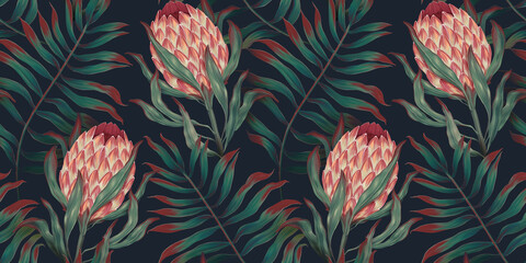 Tropisches exotisches nahtloses Muster mit Protea-Blumen in tropischen Blättern. Handgezeichnete 3D-Illustration. Gut für Designtapeten, Stoffdruck, Geschenkpapier, 2D-Darstellung © Polina