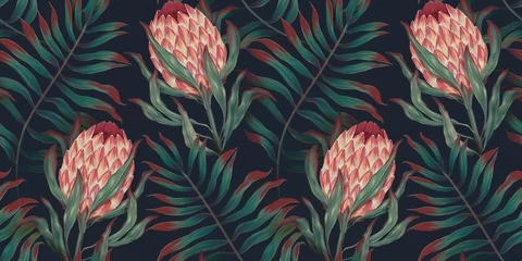 Tropisches exotisches nahtloses Muster mit Protea-Blumen in tropischen Blättern. Handgezeichnete 3D-Illustration. Gut für Designtapeten, Stoffdruck, Geschenkpapier, 2D-Darstellung © Polina