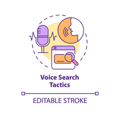 Voice search tactics concept icon. Promotion channel. SEO marketing trend abstract idea thin line illustration. Isolated outline drawing. Editable stroke. Arial, Myriad Pro-Bold fonts used
