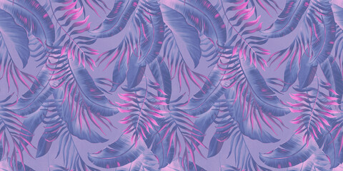 Exotic wallpaper with tropical leaves. Palm leaves, banana leaves, foggy background. Jungle tropical forest seamless pattern. Purple colors. Hand drawn design for fabrics, clothes, goods