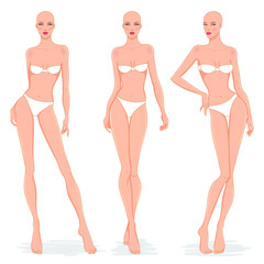  Fashion models posing, vector illustration. Women body templates. Nine head fashion female colored croquis, vector set.