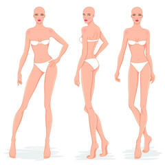 Fashion models posing, vector illustration. Women body templates. Nine head fashion female colored croquis, vector set.