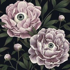 Mystical seamless pattern. Mysterious wallpapers, fantastic flowers. Floral dark background. Peonies, eyes, horrors. Vintage hand drawn flowers, buds, leaves for wallpapers, fabrics, banners, blogs