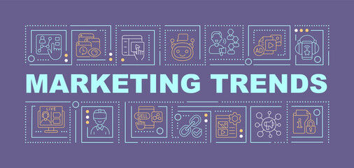 Trends of marketing purple brochure template. Advertise campaign. Leaflet design with linear icons. 4 vector layouts for presentation, annual reports. Anton-Regular, Lato-Regular fonts used