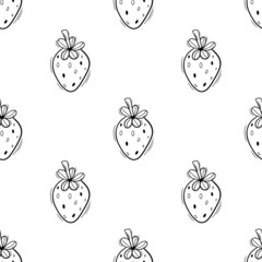 Black outline doodle strawberry seamless pattern on white.