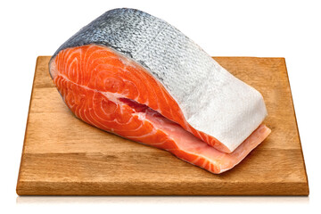 Chilled salmon large piece, fillet, steak. Fresh raw trout fish, isolated food on white background. Red meat healthy seafood