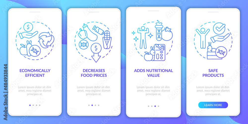 Poster advantages of gmo blue gradient onboarding mobile app screen. food issues walkthrough 4 steps graphi